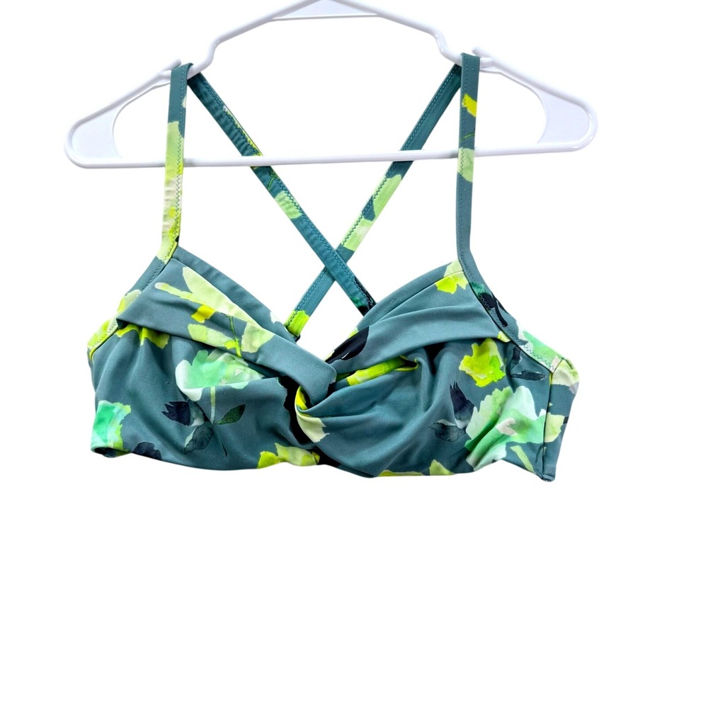 Athleta Bikini Top ONLY Women 34B/C Teal Floral Twist Front X-Back Swimsuit